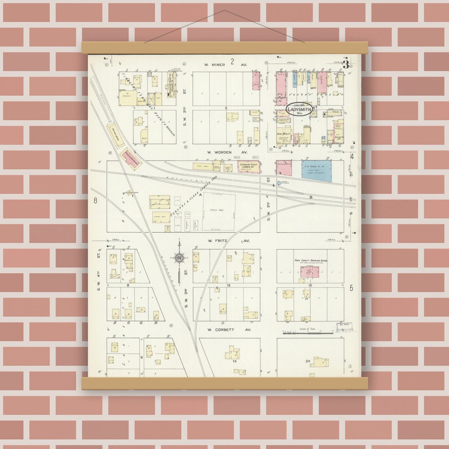 Old map wall art mockup — magnetic wood frame on brick wall — Sanborn Fire Insurance Map from Ladysmith, Rusk County, Wisconsin (1914), Sheet #0003