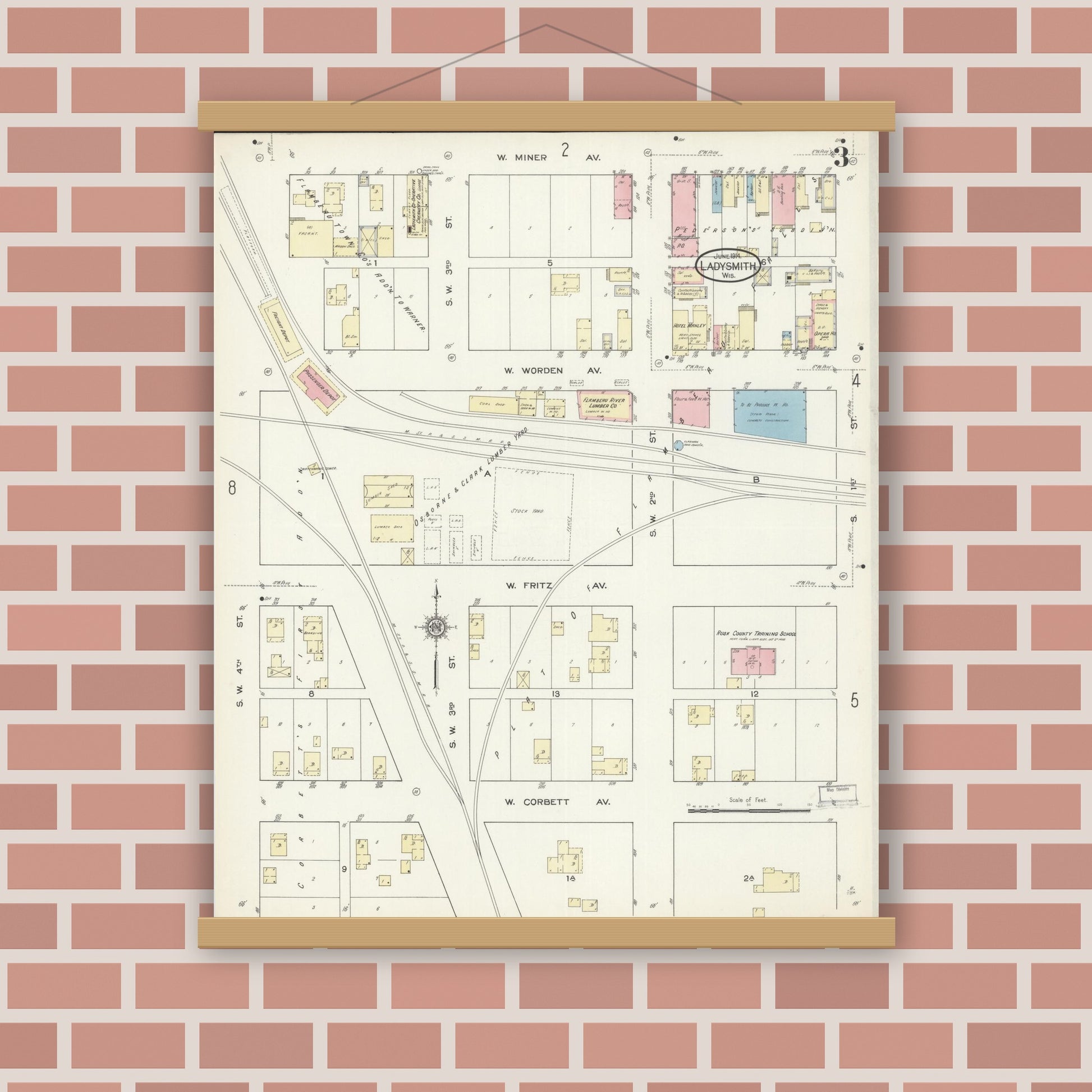 Old map wall art mockup — magnetic wood frame on brick wall — Sanborn Fire Insurance Map from Ladysmith, Rusk County, Wisconsin (1914), Sheet #0003
