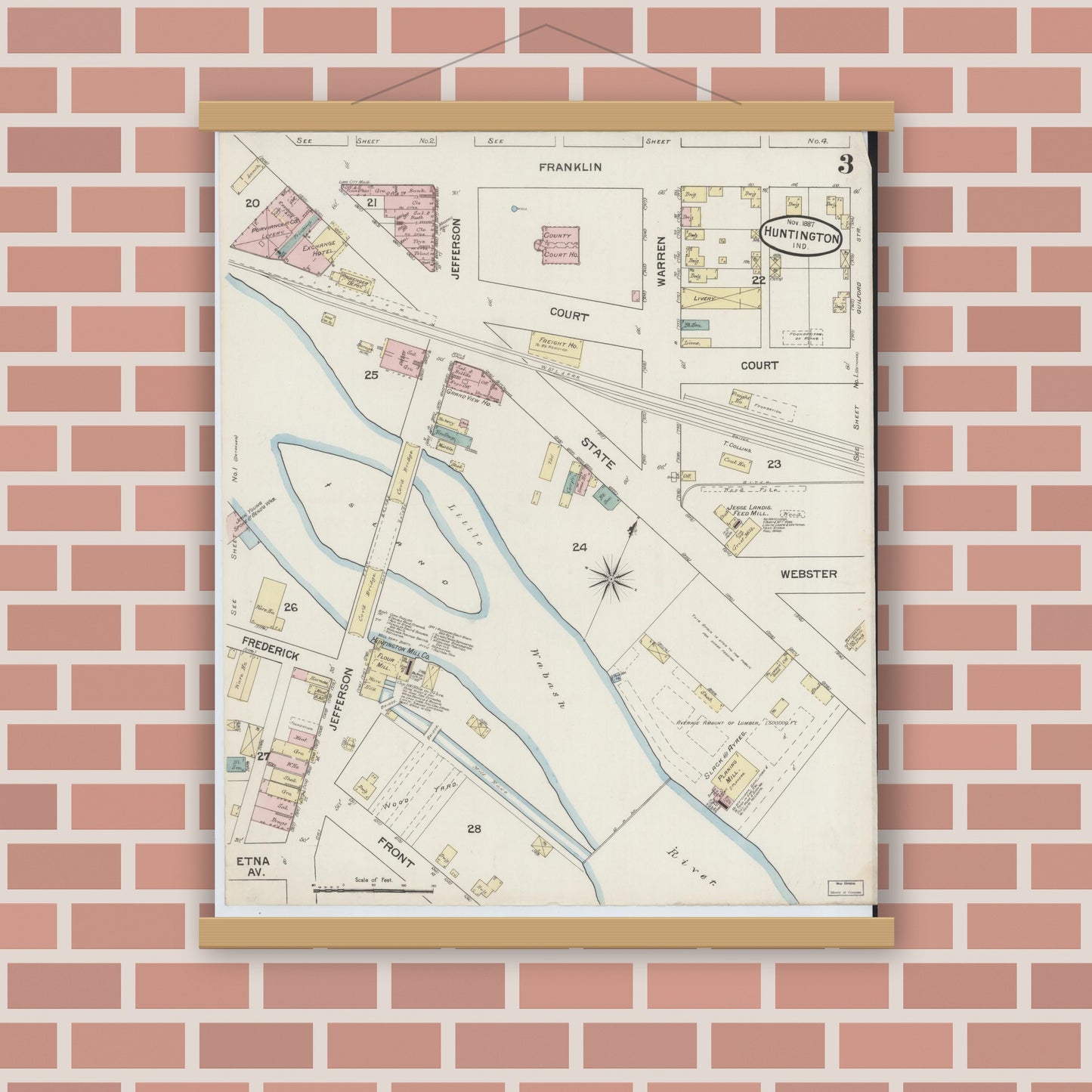 Old map wall art mockup — magnetic wood frame on brick wall — Sanborn Fire Insurance Map from Huntington, Huntington County, Indiana (1887), Sheet #0003