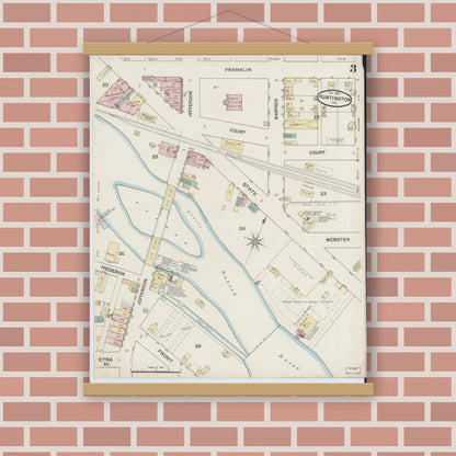 Old map wall art mockup — magnetic wood frame on brick wall — Sanborn Fire Insurance Map from Huntington, Huntington County, Indiana (1887), Sheet #0003