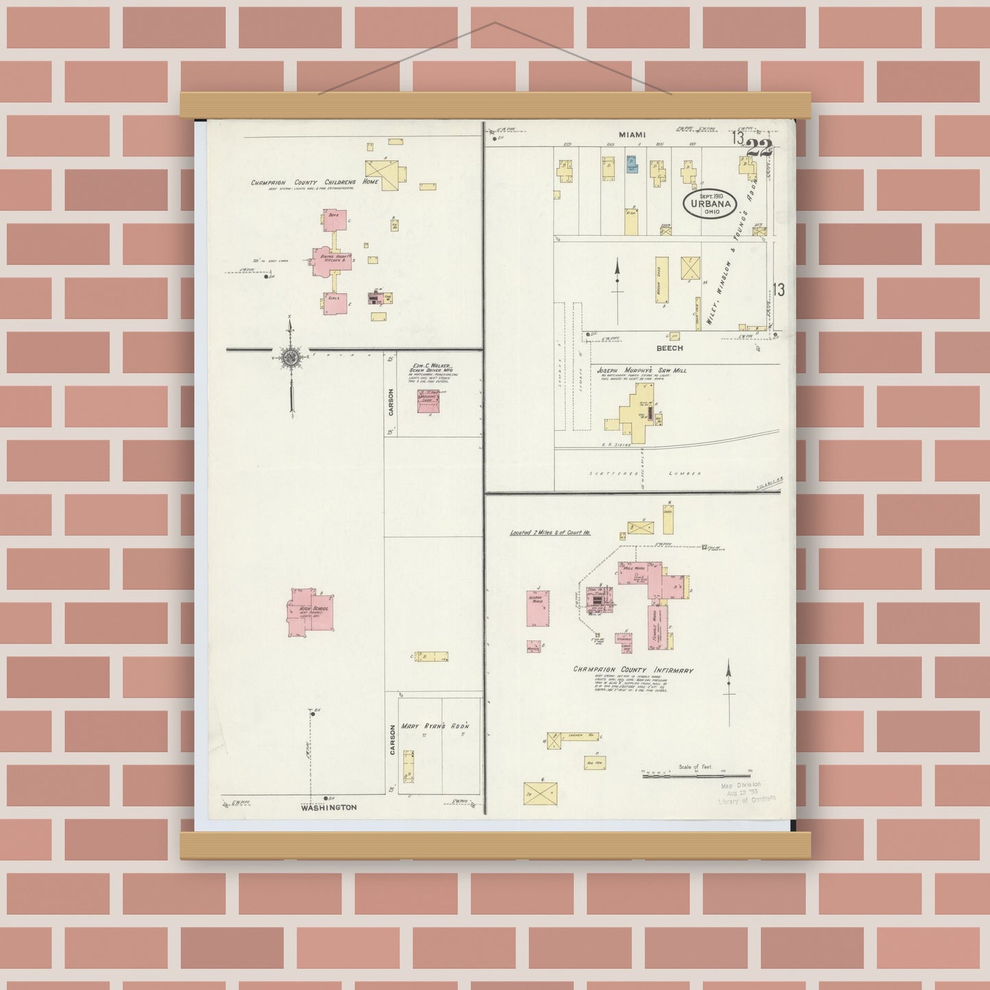Old map wall art mockup — magnetic wood frame on brick wall — Sanborn Fire Insurance Map from Urbana, Champaign County, Ohio (1910), Sheet #0022