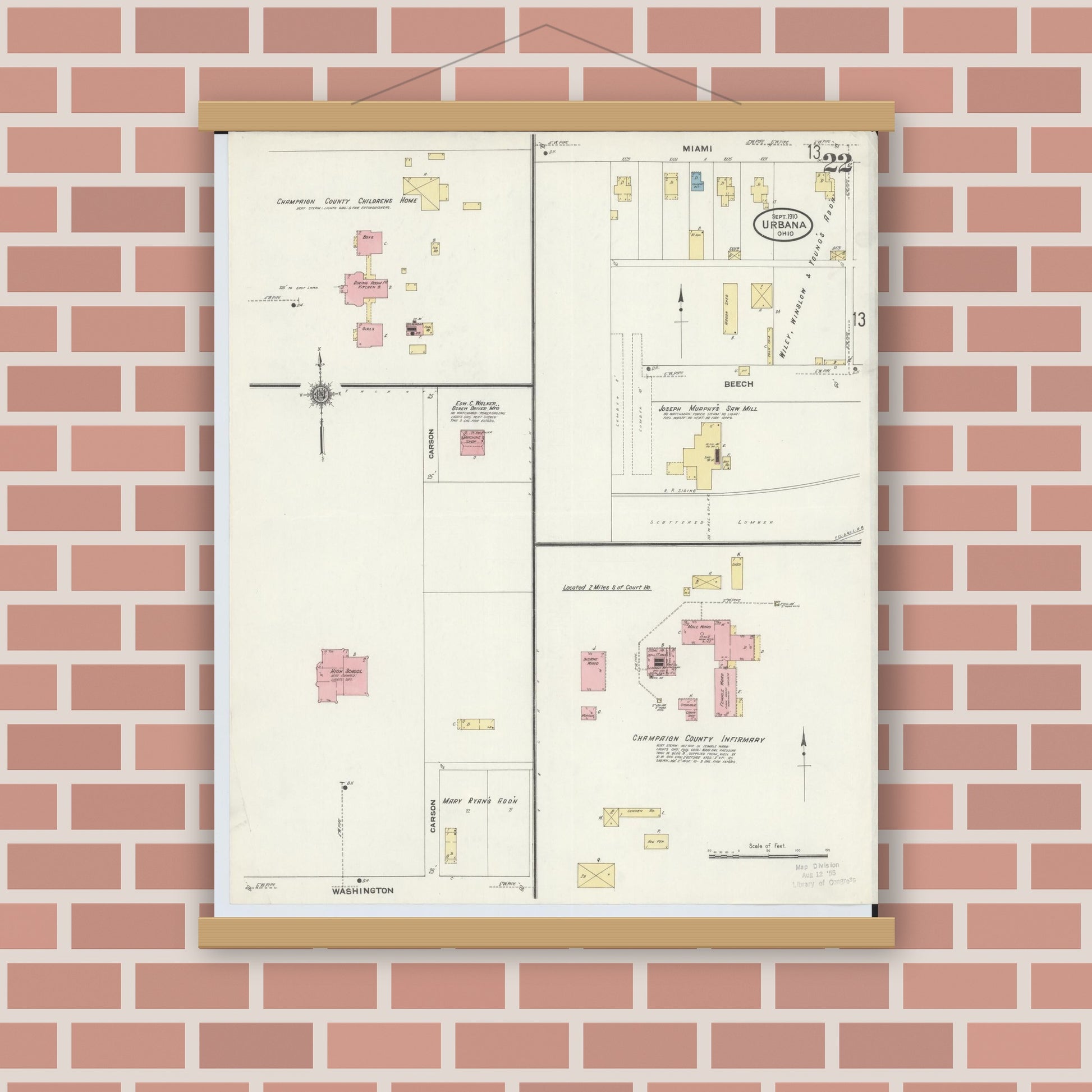 Old map wall art mockup — magnetic wood frame on brick wall — Sanborn Fire Insurance Map from Urbana, Champaign County, Ohio (1910), Sheet #0022