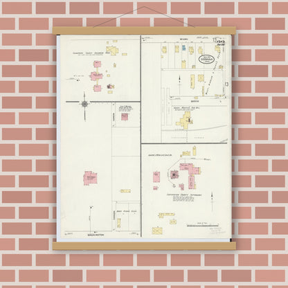 Old map wall art mockup — magnetic wood frame on brick wall — Sanborn Fire Insurance Map from Urbana, Champaign County, Ohio (1910), Sheet #0022