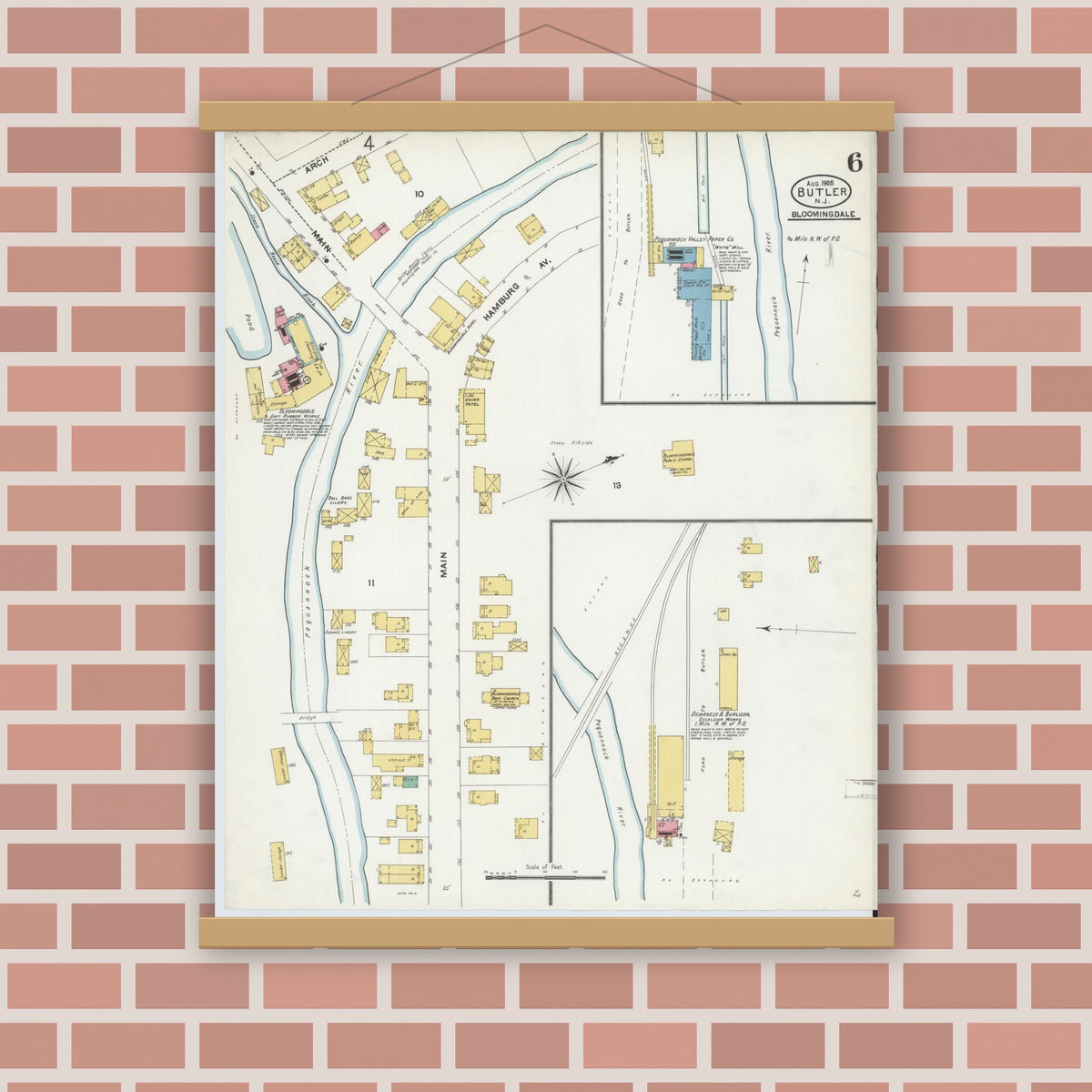 Old map wall art mockup — magnetic wood frame on brick wall — Sanborn Fire Insurance Map from Butler, Morris County, New Jersey (1905), Sheet #0006