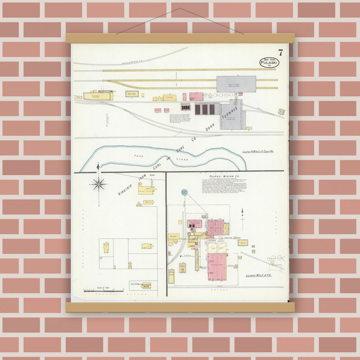 Old map wall art mockup — magnetic wood frame on brick wall — Sanborn Fire Insurance Map from Pulaski, Pulaski County, Virginia (1908), Sheet #0007