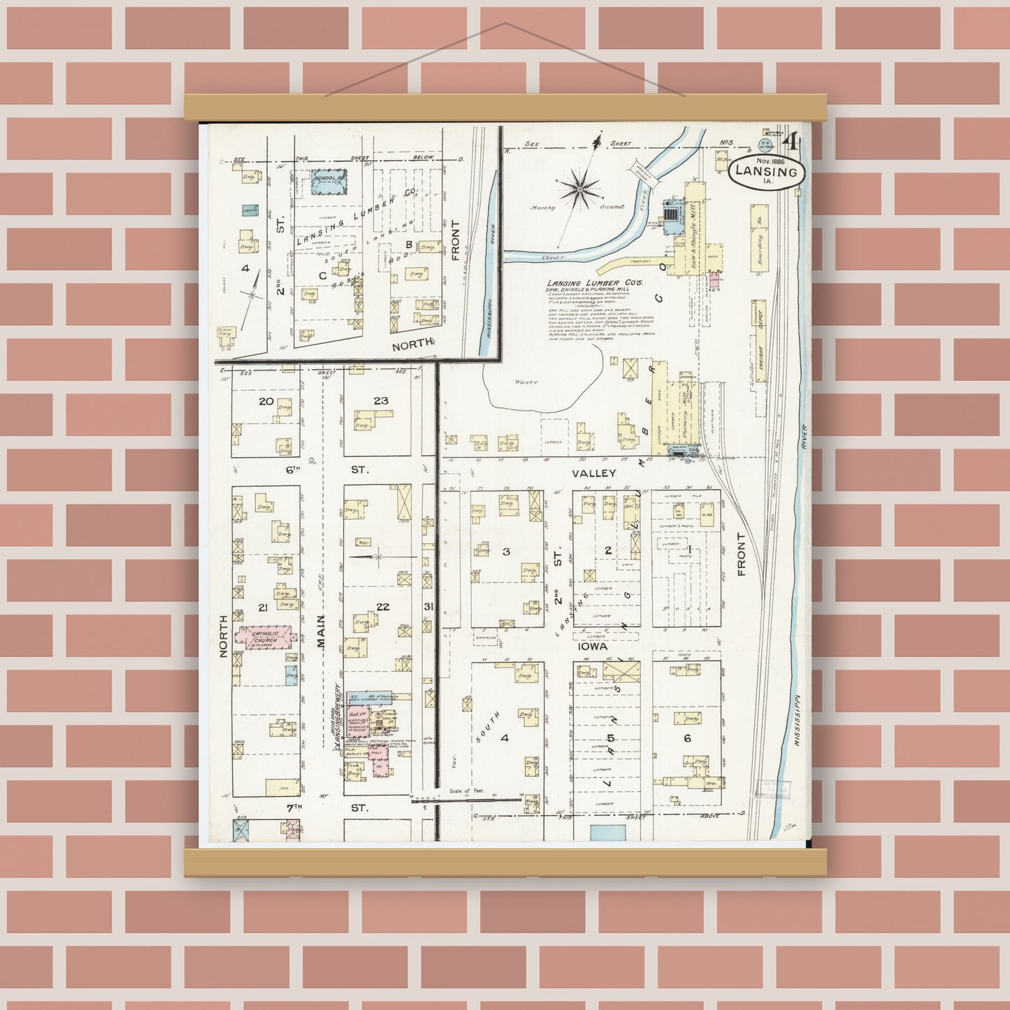 Old map wall art mockup — magnetic wood frame on brick wall — Sanborn Fire Insurance Map from Lansing, Allamakee County, Iowa (1886), Sheet #0004