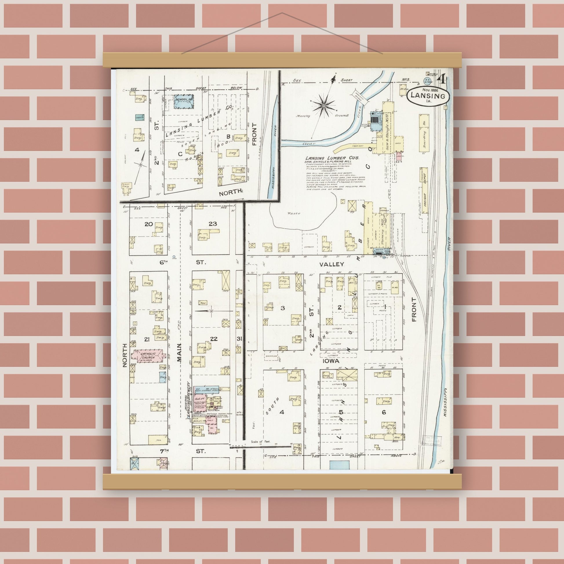 Old map wall art mockup — magnetic wood frame on brick wall — Sanborn Fire Insurance Map from Lansing, Allamakee County, Iowa (1886), Sheet #0004
