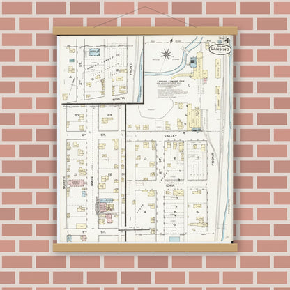 Old map wall art mockup — magnetic wood frame on brick wall — Sanborn Fire Insurance Map from Lansing, Allamakee County, Iowa (1886), Sheet #0004