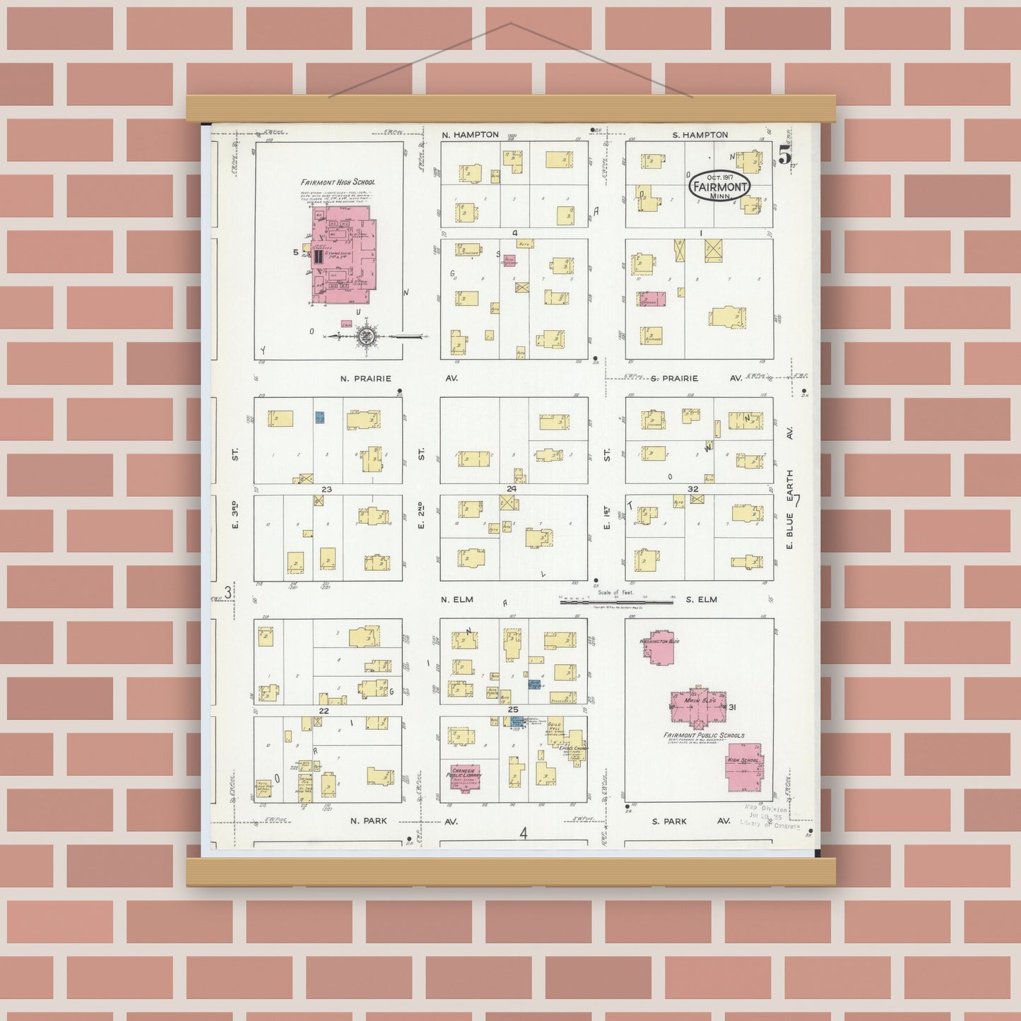 Old map wall art mockup — magnetic wood frame on brick wall — Sanborn Fire Insurance Map from Fairmont, Martin County, Minnesota (1917), Sheet #0005