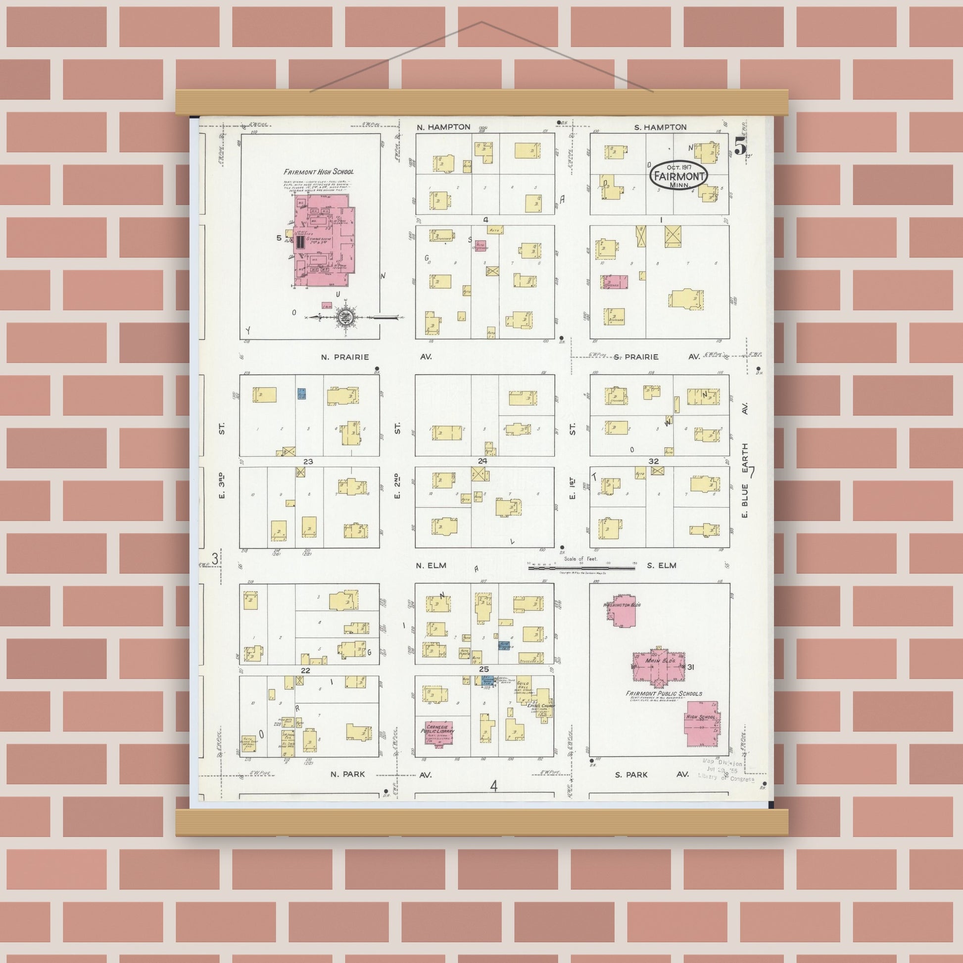 Old map wall art mockup — magnetic wood frame on brick wall — Sanborn Fire Insurance Map from Fairmont, Martin County, Minnesota (1917), Sheet #0005