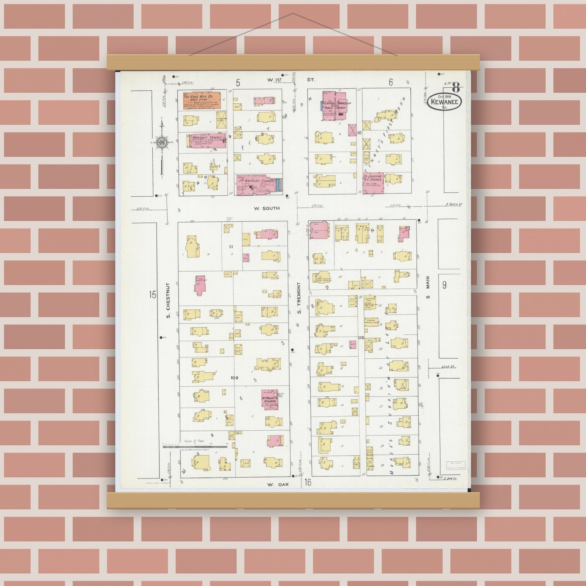 Old map wall art mockup — magnetic wood frame on brick wall — Sanborn Fire Insurance Map from Kewanee, Henry County, Illinois (1918), Sheet #0008