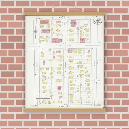 Old map wall art mockup — magnetic wood frame on brick wall — Sanborn Fire Insurance Map from Kewanee, Henry County, Illinois (1918), Sheet #0008