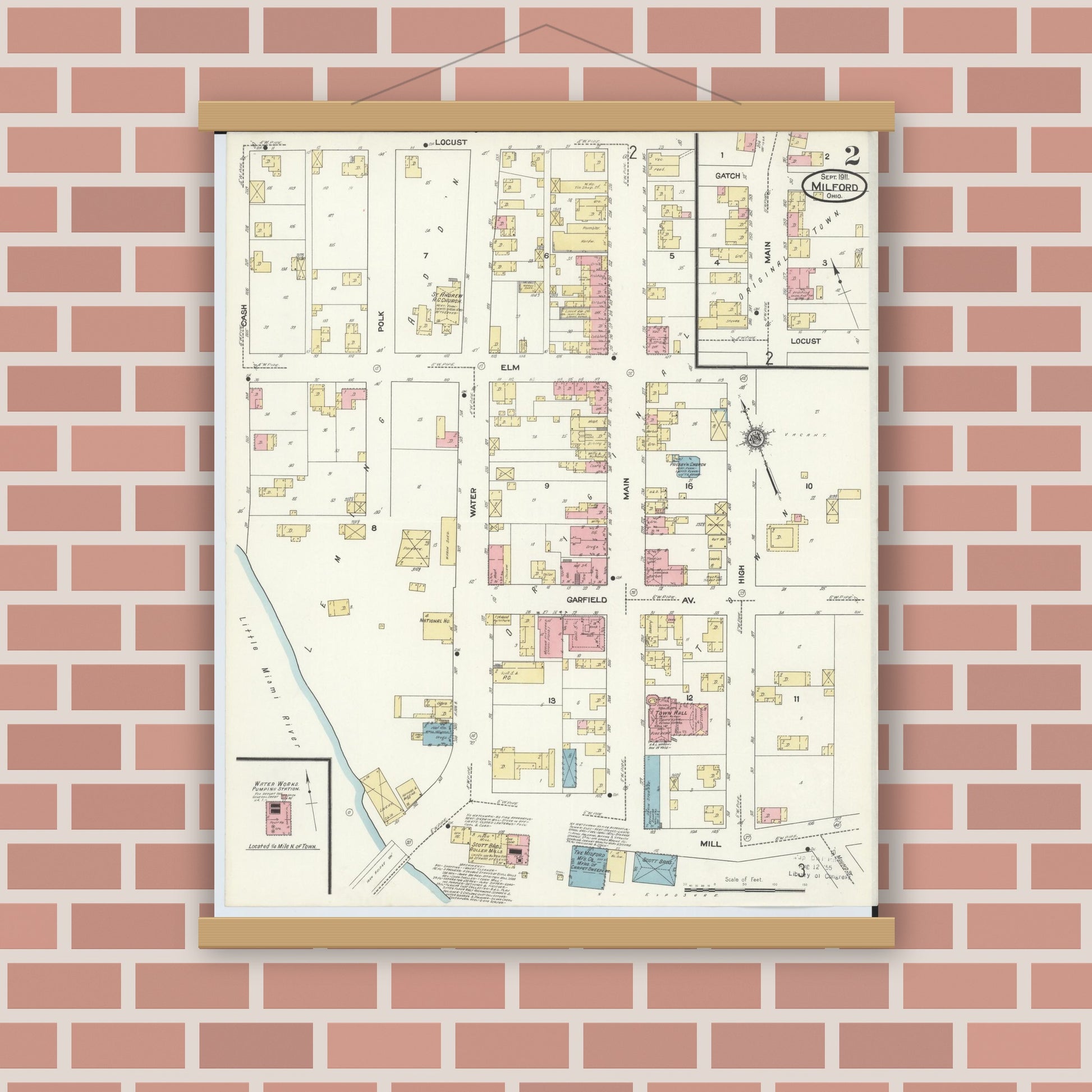 Old map wall art mockup — magnetic wood frame on brick wall — Sanborn Fire Insurance Map from Milford, Clermont And Hamilton County, Ohio (1911), Sheet #0002