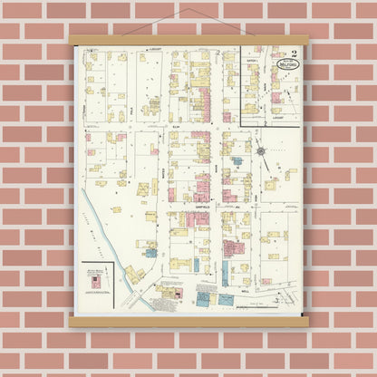 Old map wall art mockup — magnetic wood frame on brick wall — Sanborn Fire Insurance Map from Milford, Clermont And Hamilton County, Ohio (1911), Sheet #0002
