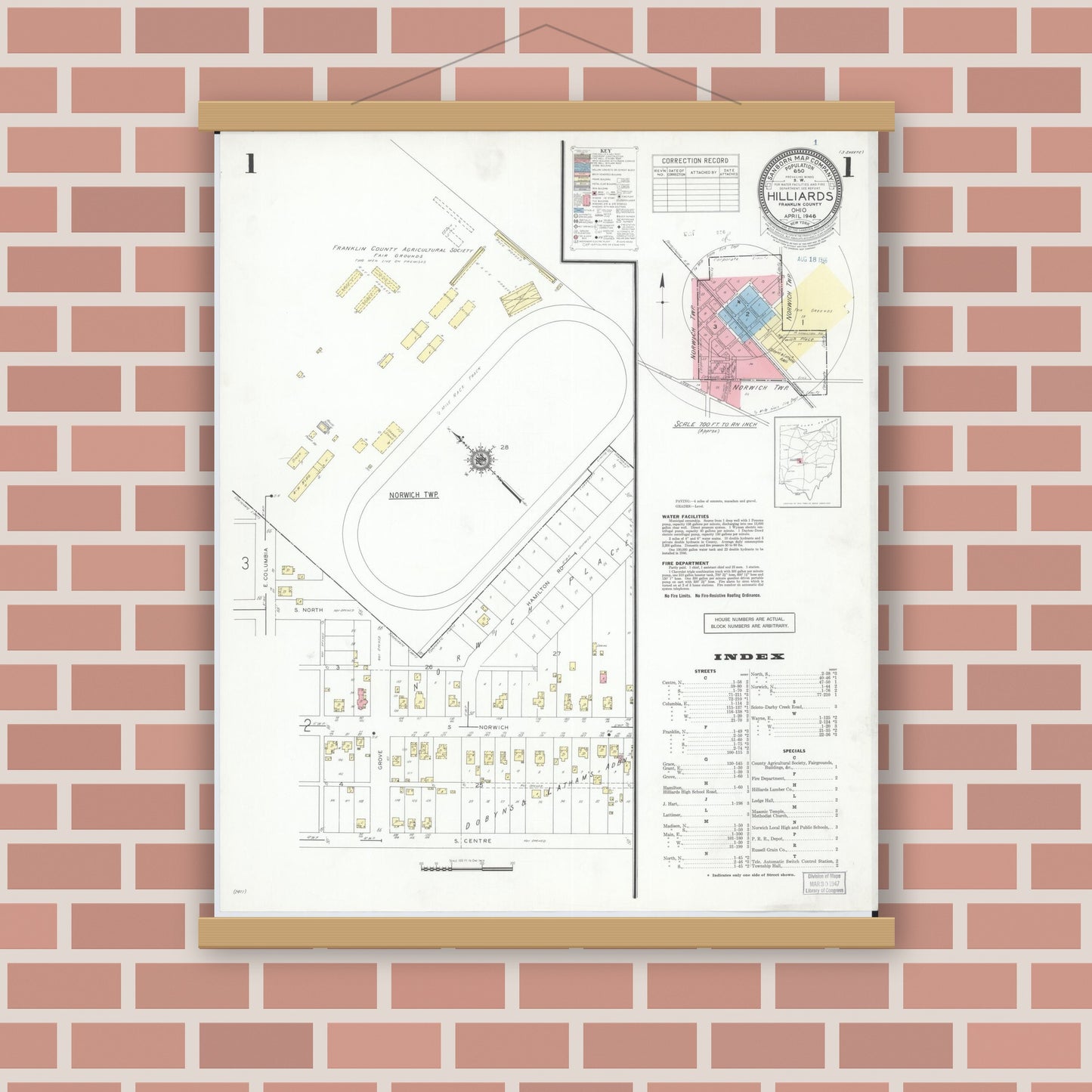 Old map wall art mockup — magnetic wood frame on brick wall — Sanborn Fire Insurance Map from Hilliards, Franklin County, Ohio (1946) - Complete Map Set