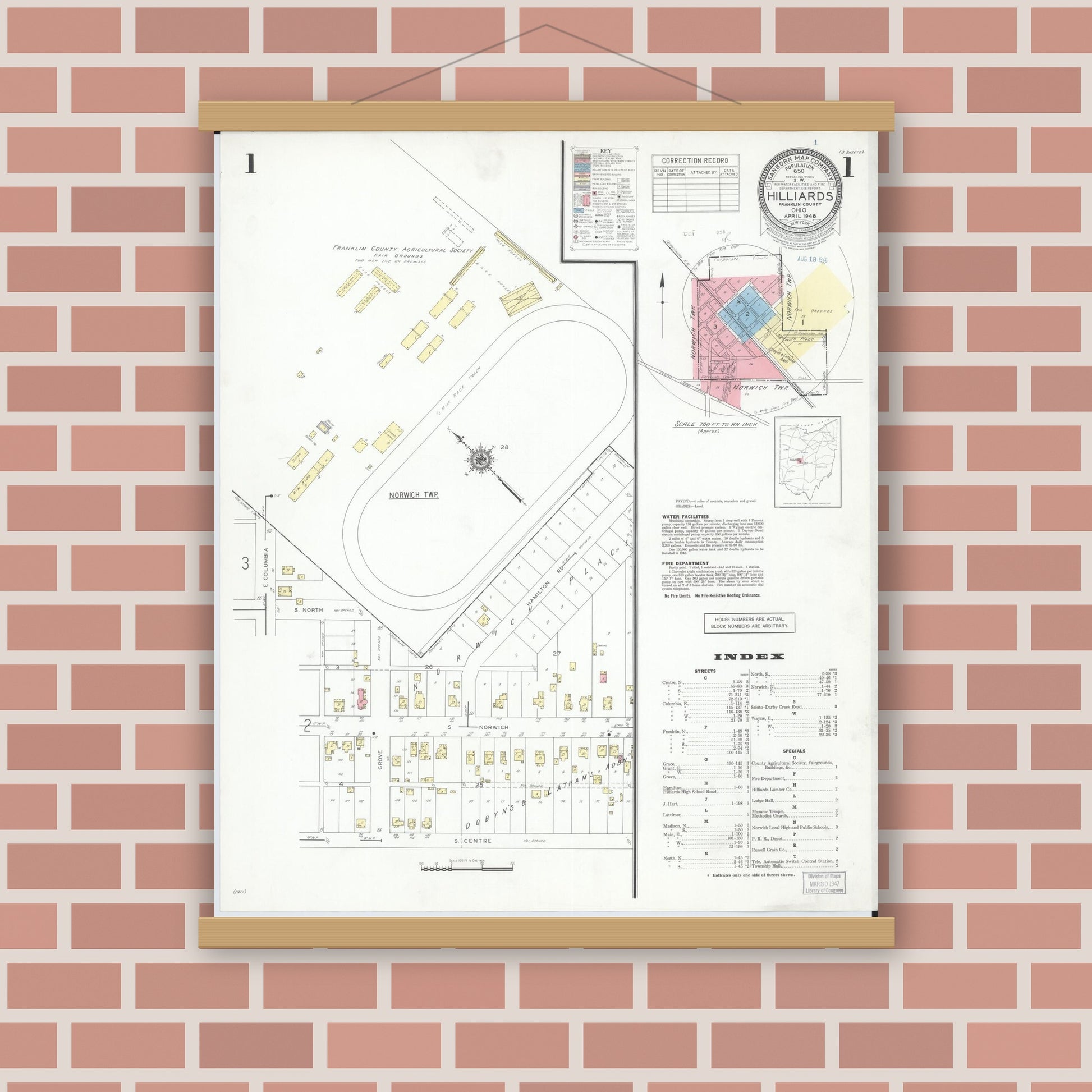 Old map wall art mockup — magnetic wood frame on brick wall — Sanborn Fire Insurance Map from Hilliards, Franklin County, Ohio (1946) - Complete Map Set