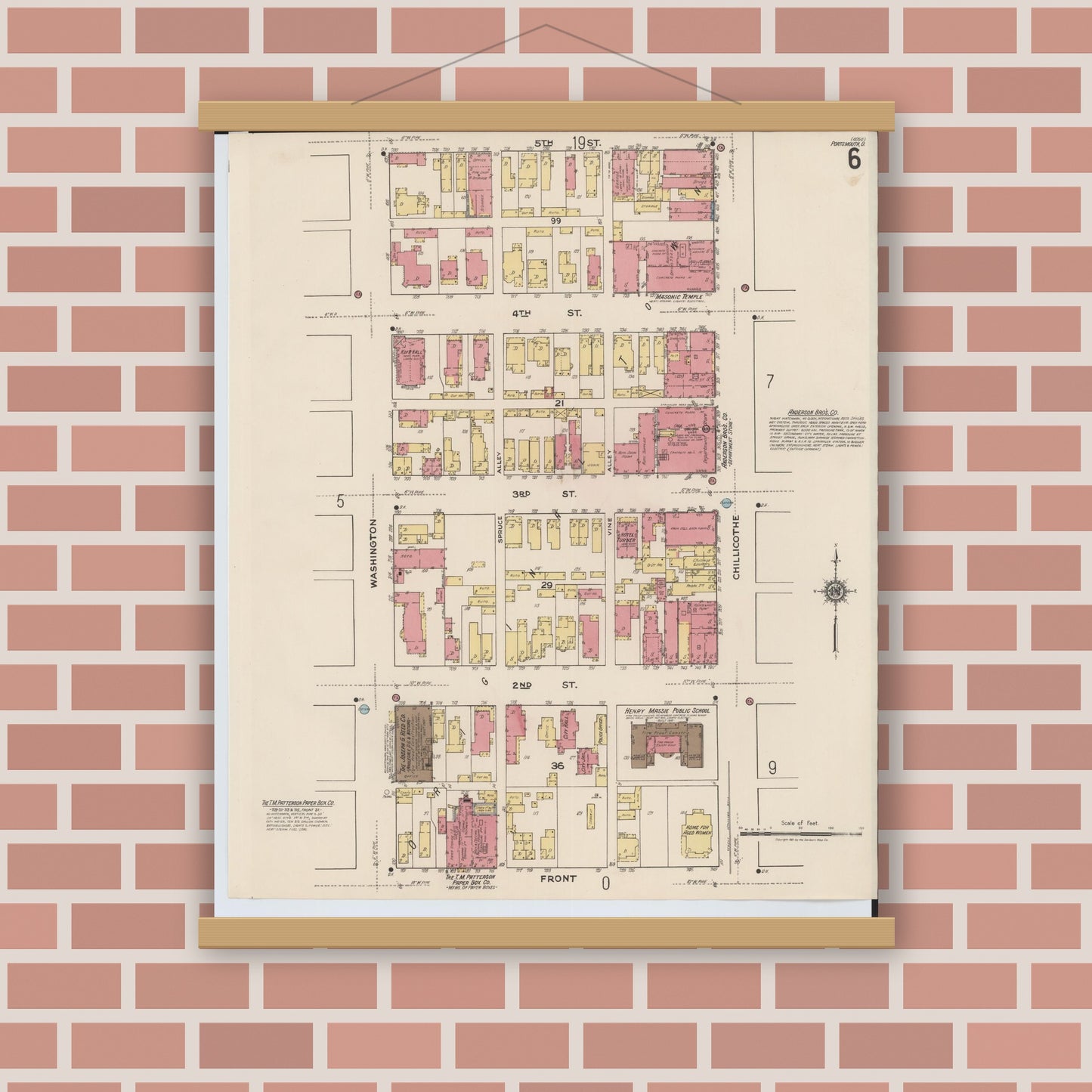 Old map wall art mockup — magnetic wood frame on brick wall — Sanborn Fire Insurance Map from Portsmouth, Scioto County, Ohio (1921), Sheet #0006
