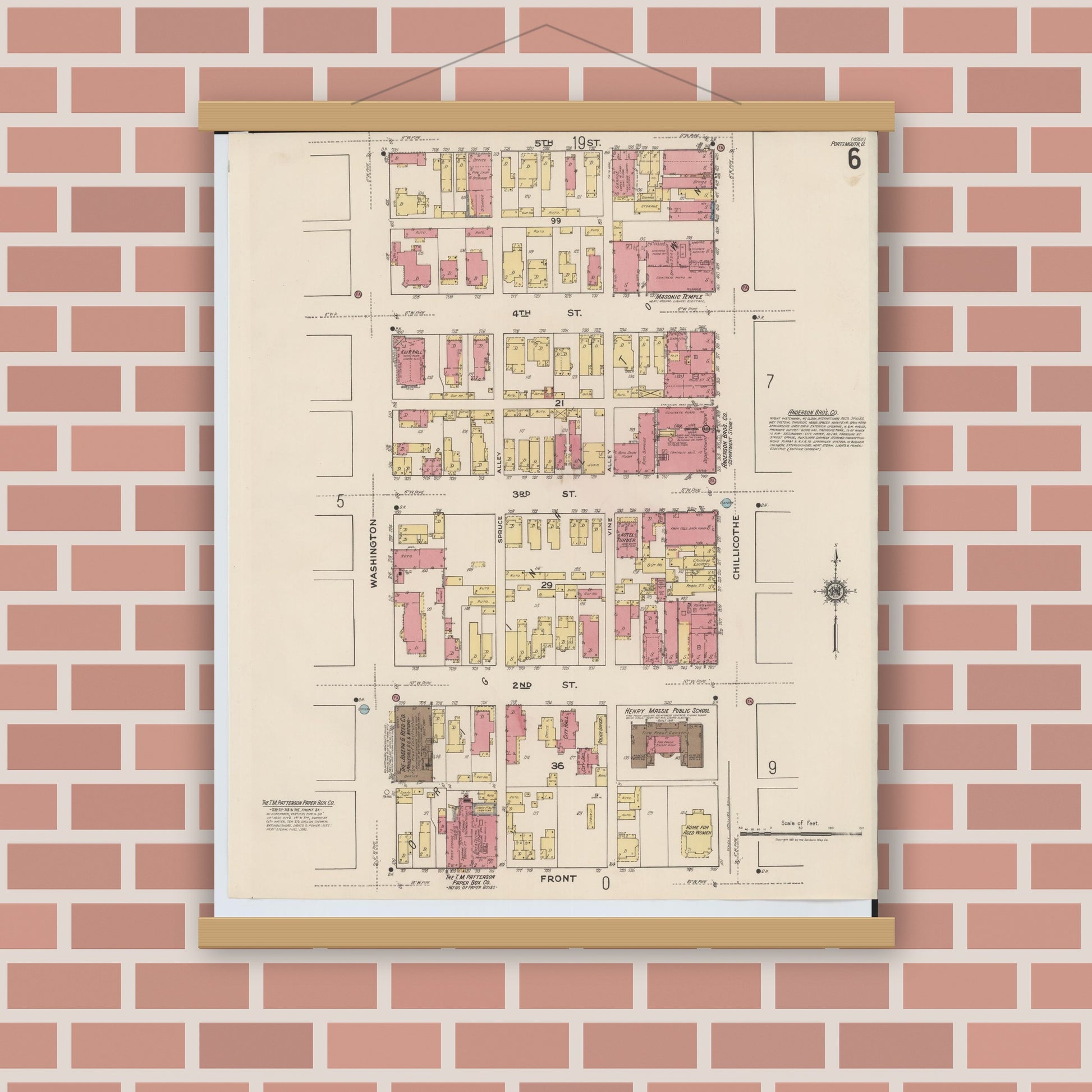 Old map wall art mockup — magnetic wood frame on brick wall — Sanborn Fire Insurance Map from Portsmouth, Scioto County, Ohio (1921), Sheet #0006