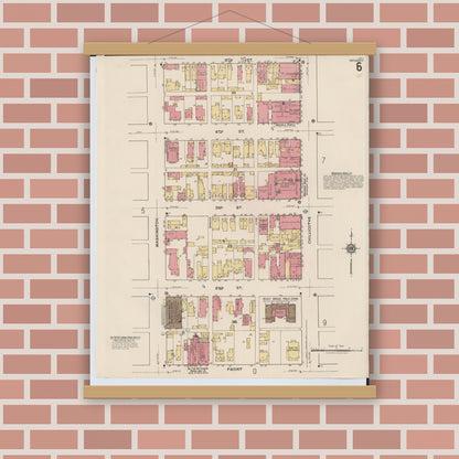 Old map wall art mockup — magnetic wood frame on brick wall — Sanborn Fire Insurance Map from Portsmouth, Scioto County, Ohio (1921), Sheet #0006