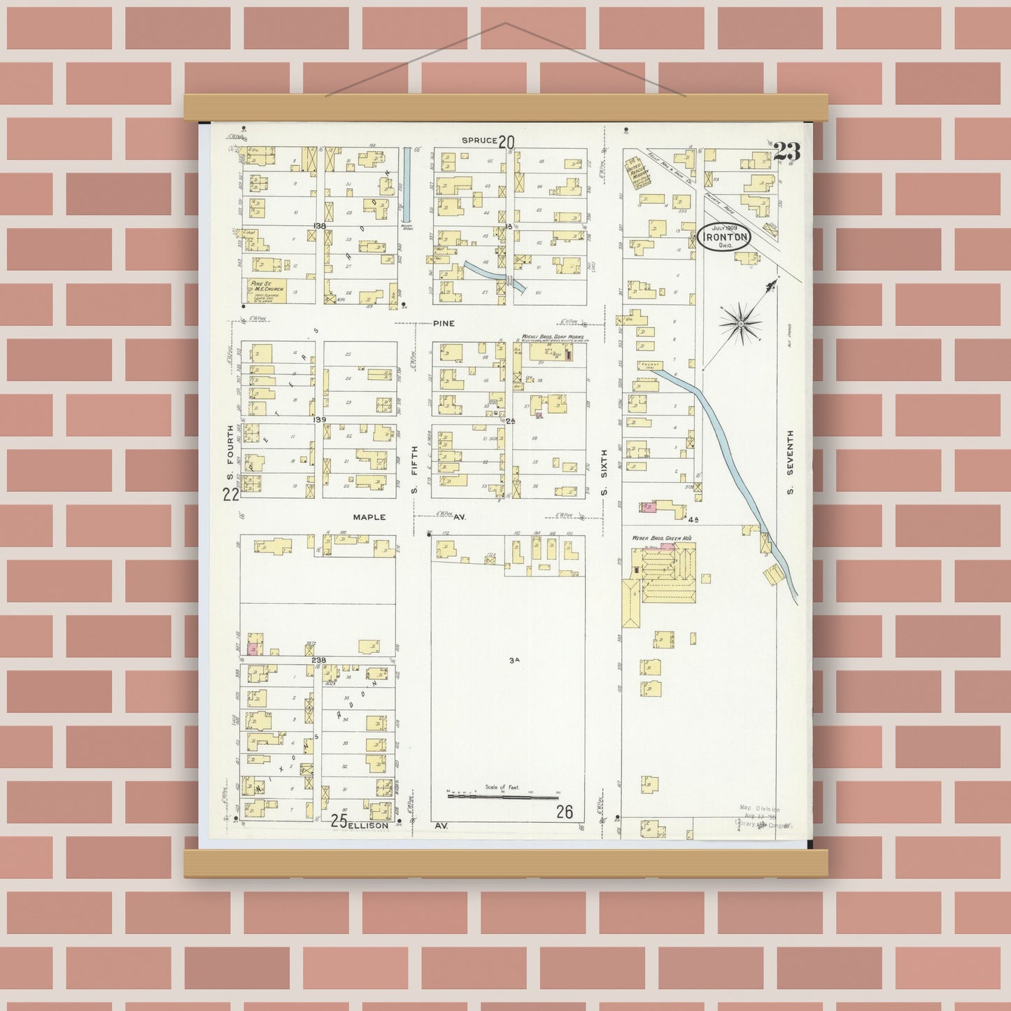 Old map wall art mockup — magnetic wood frame on brick wall — Sanborn Fire Insurance Map from Ironton, Lawrence County, Ohio (1909), Sheet #0023