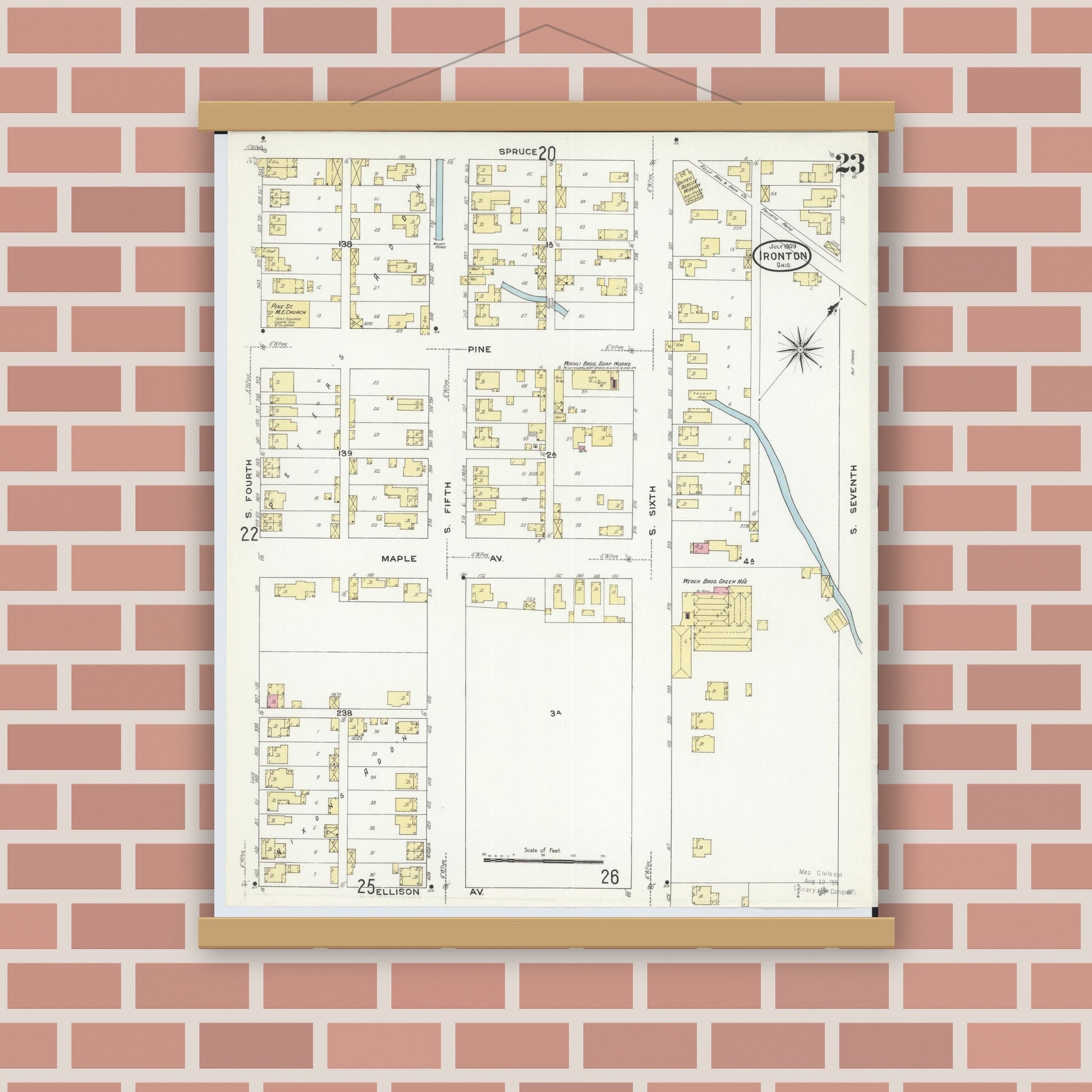 Old map wall art mockup — magnetic wood frame on brick wall — Sanborn Fire Insurance Map from Ironton, Lawrence County, Ohio (1909), Sheet #0023