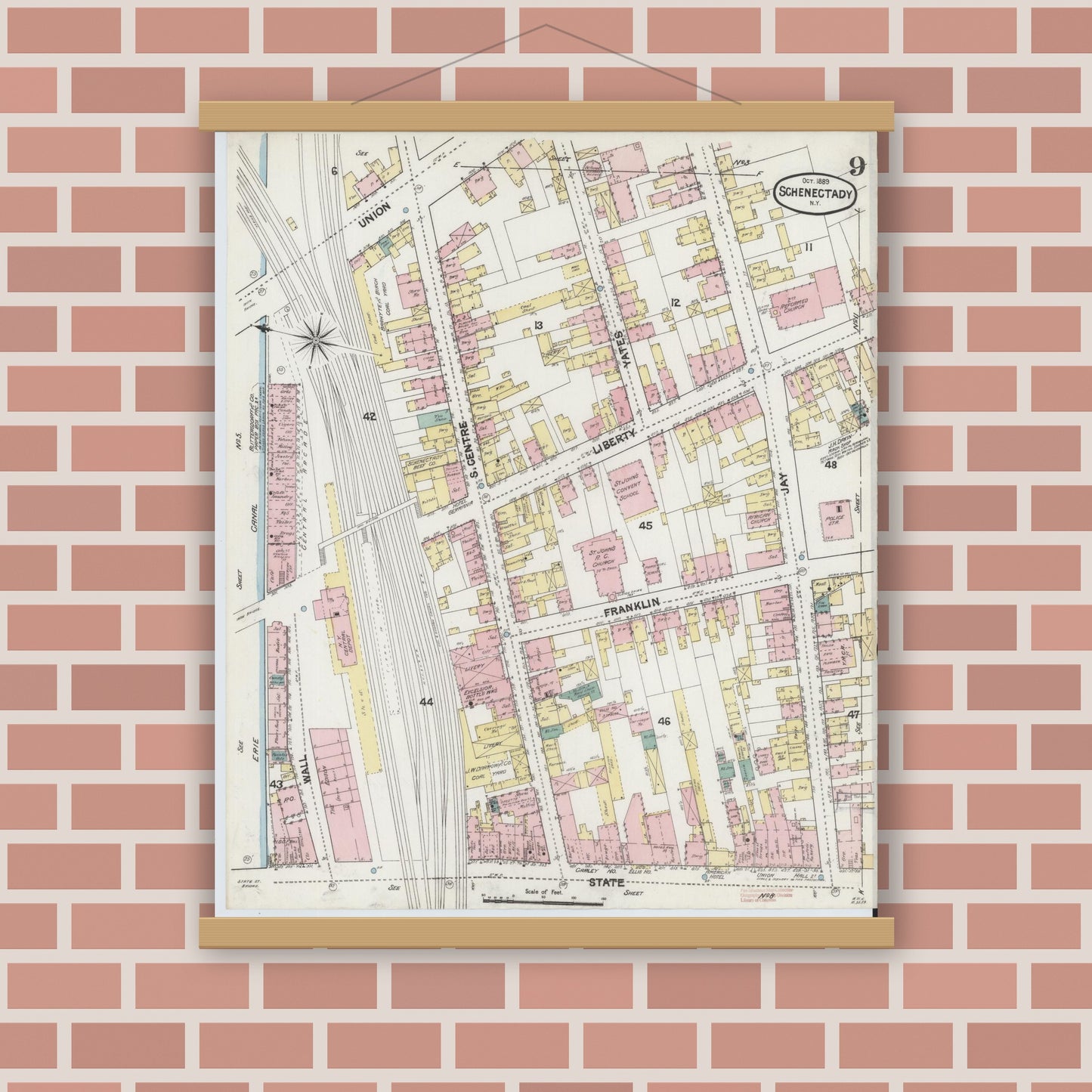 Old map wall art mockup — magnetic wood frame on brick wall — Sanborn Fire Insurance Map from Schenectady, Schenectady County, New York (1889), Sheet #0009
