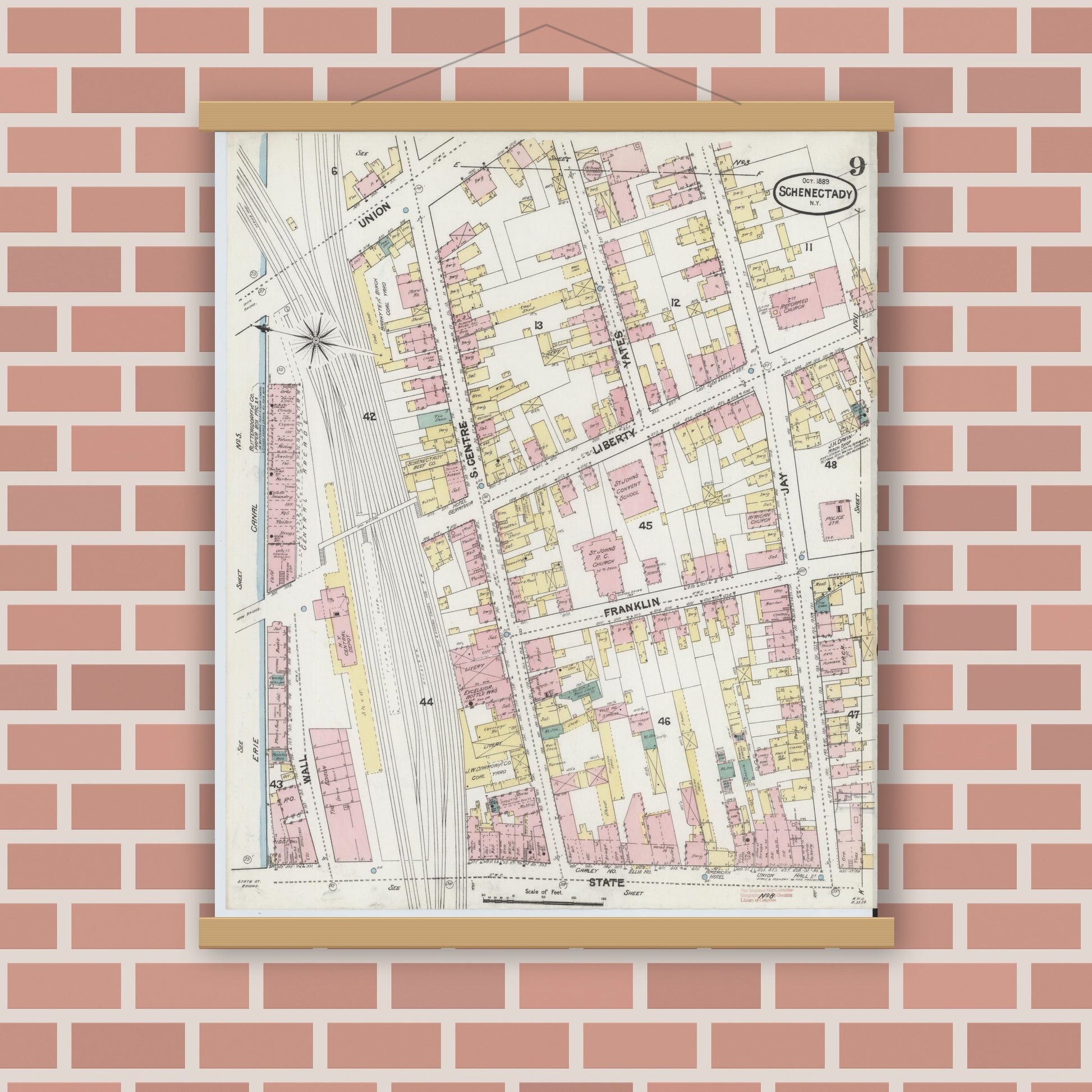Old map wall art mockup — magnetic wood frame on brick wall — Sanborn Fire Insurance Map from Schenectady, Schenectady County, New York (1889), Sheet #0009