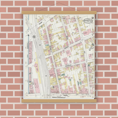 Old map wall art mockup — magnetic wood frame on brick wall — Sanborn Fire Insurance Map from Schenectady, Schenectady County, New York (1889), Sheet #0009