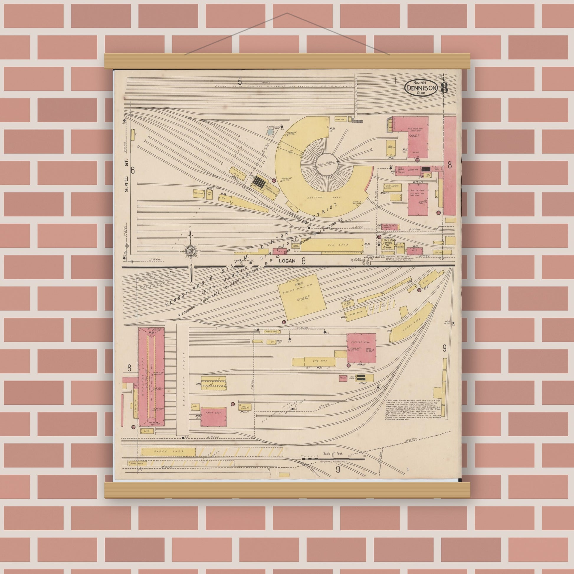 Old map wall art mockup — magnetic wood frame on brick wall — Sanborn Fire Insurance Map from Dennison, Tuscarawas County, Ohio (1921), Sheet #0008
