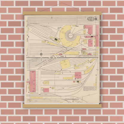 Old map wall art mockup — magnetic wood frame on brick wall — Sanborn Fire Insurance Map from Dennison, Tuscarawas County, Ohio (1921), Sheet #0008