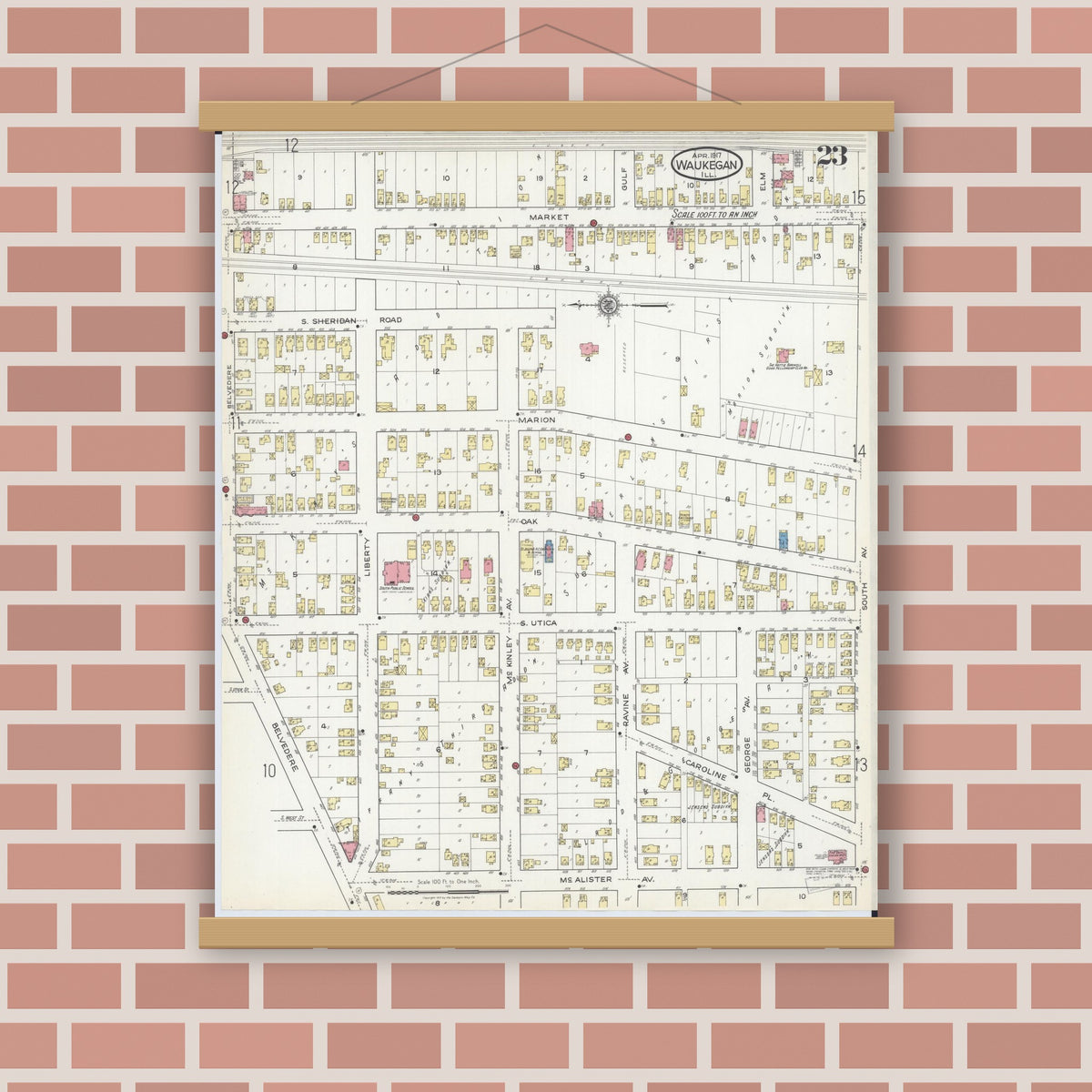 Old map wall art mockup — magnetic wood frame on brick wall — Sanborn Fire Insurance Map from Waukegan, Lake County, Illinois (1917), Sheet #0023