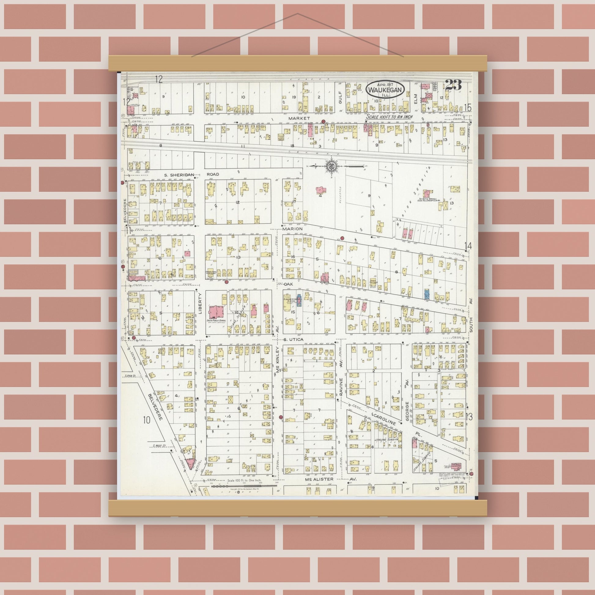 Old map wall art mockup — magnetic wood frame on brick wall — Sanborn Fire Insurance Map from Waukegan, Lake County, Illinois (1917), Sheet #0023