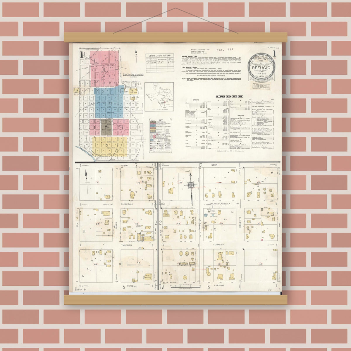 Old map wall art mockup — magnetic wood frame on brick wall — Sanborn Fire Insurance Map from Refugio, Refugio County, Texas (1942) - Complete Map Set