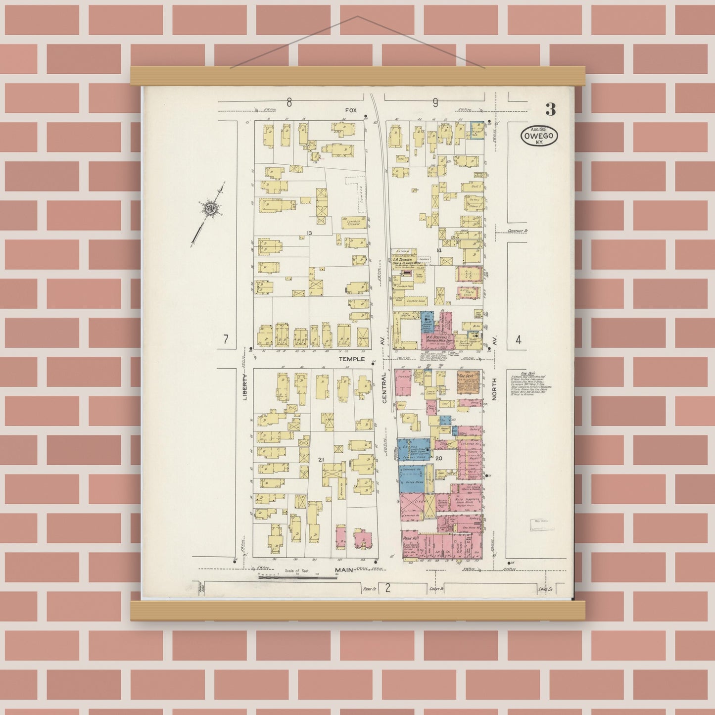 Old map wall art mockup — magnetic wood frame on brick wall — Sanborn Fire Insurance Map from Owego, Tioga County, New York (1915), Sheet #0003
