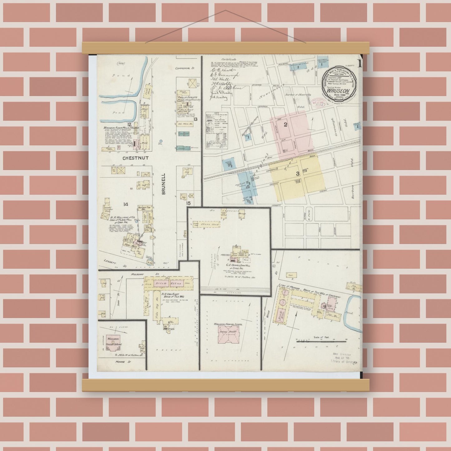 Old map wall art mockup — magnetic wood frame on brick wall — Sanborn Fire Insurance Map from Wauseon, Fulton County, Ohio (1888), Sheet #0001