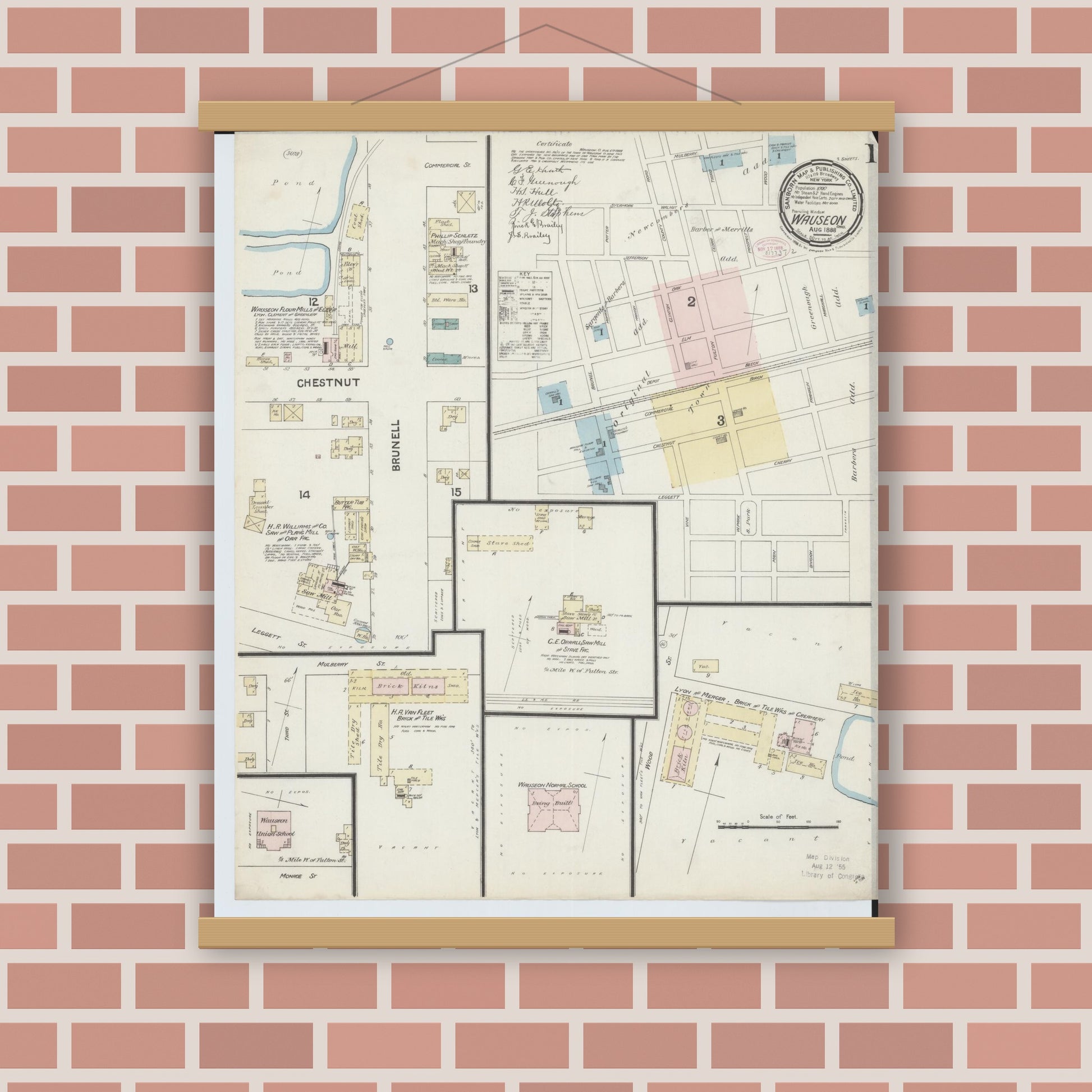 Old map wall art mockup — magnetic wood frame on brick wall — Sanborn Fire Insurance Map from Wauseon, Fulton County, Ohio (1888), Sheet #0001