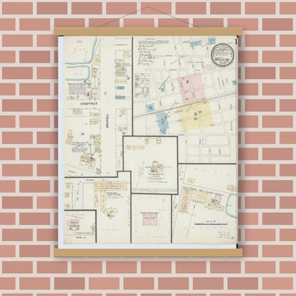 Old map wall art mockup — magnetic wood frame on brick wall — Sanborn Fire Insurance Map from Wauseon, Fulton County, Ohio (1888), Sheet #0001