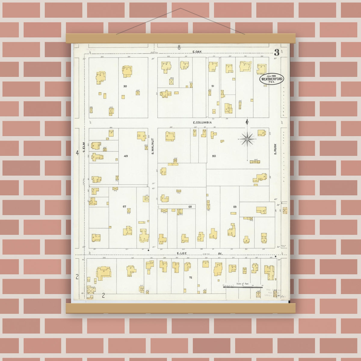 Old map wall art mockup — magnetic wood frame on brick wall — Sanborn Fire Insurance Map from Weatherford, Parker County, Texas (1905), Sheet #0003