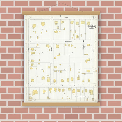 Old map wall art mockup — magnetic wood frame on brick wall — Sanborn Fire Insurance Map from Weatherford, Parker County, Texas (1905), Sheet #0003
