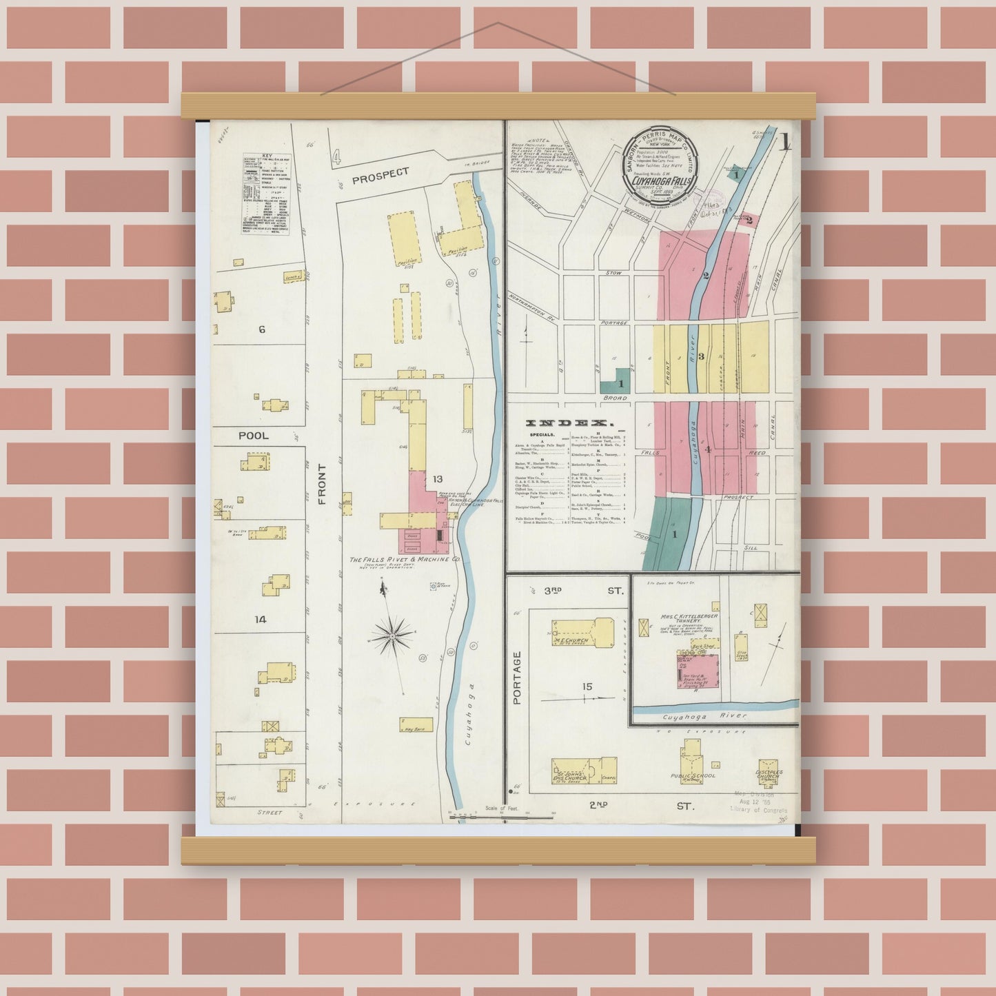 Old map wall art mockup — magnetic wood frame on brick wall — Sanborn Fire Insurance Map from Cuyahoga Falls, Summit County, Ohio (1893), Sheet #0001