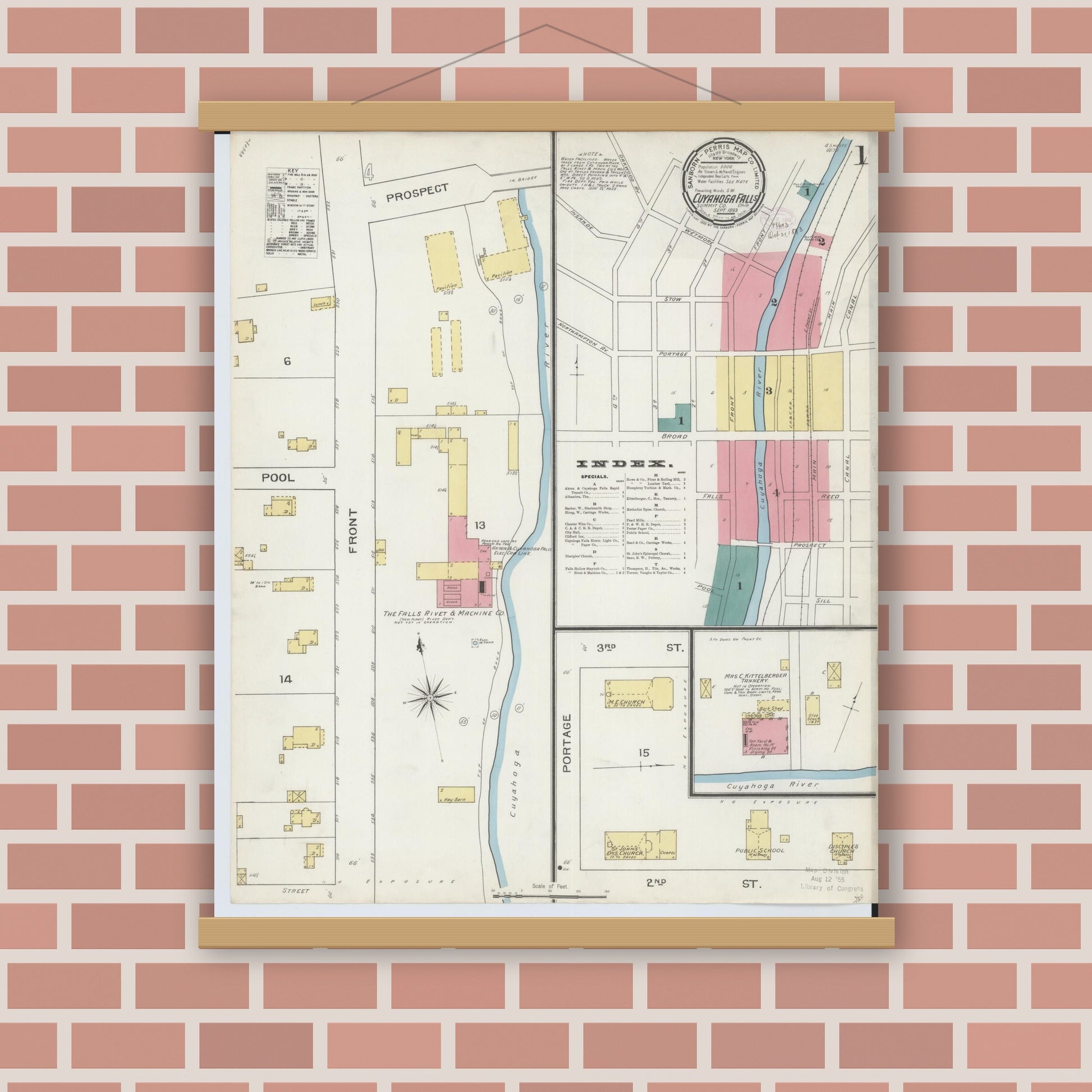 Old map wall art mockup — magnetic wood frame on brick wall — Sanborn Fire Insurance Map from Cuyahoga Falls, Summit County, Ohio (1893), Sheet #0001