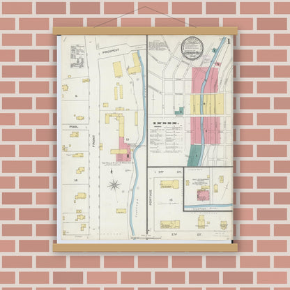 Old map wall art mockup — magnetic wood frame on brick wall — Sanborn Fire Insurance Map from Cuyahoga Falls, Summit County, Ohio (1893), Sheet #0001