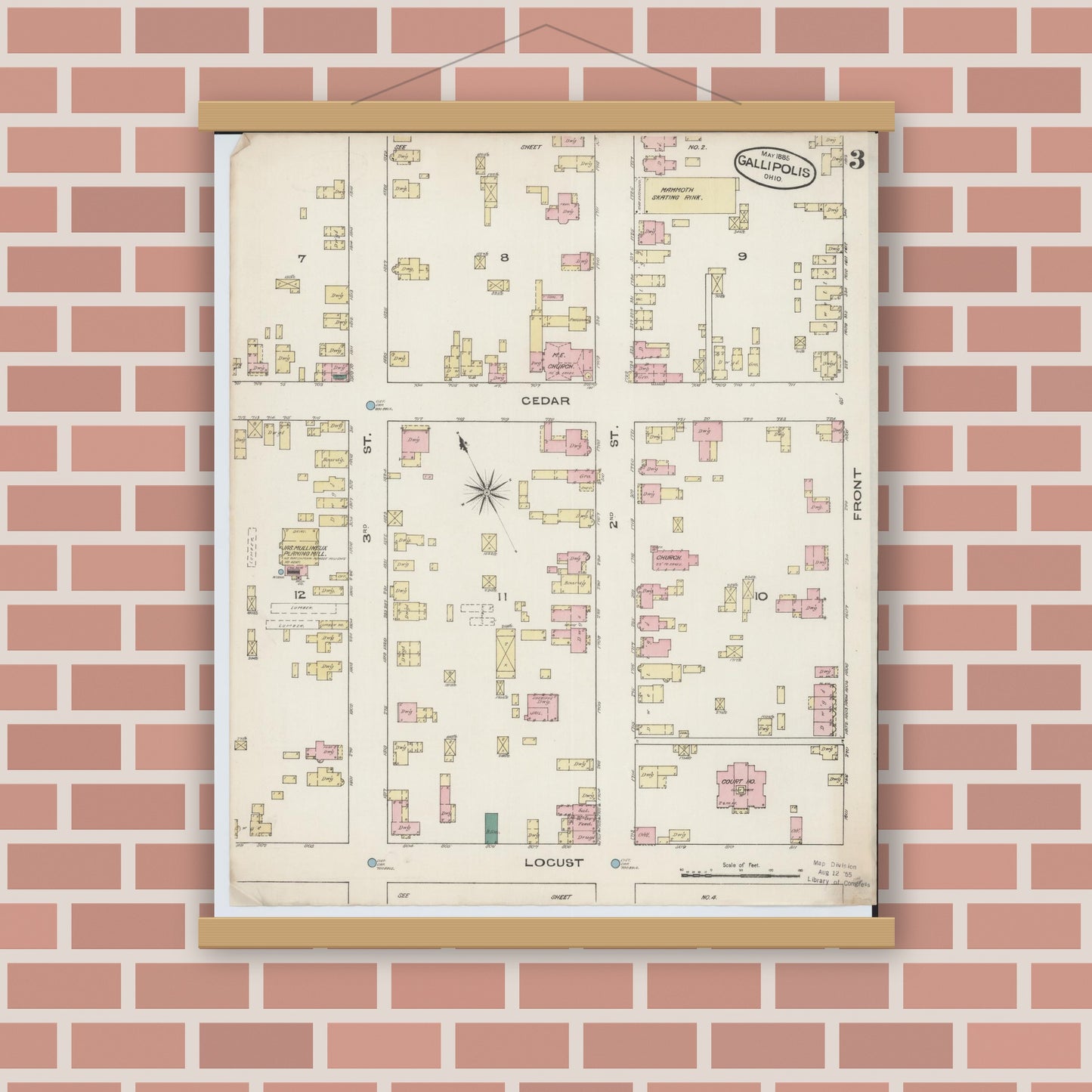 Old map wall art mockup — magnetic wood frame on brick wall — Sanborn Fire Insurance Map from Gallipolis, Gallia County, Ohio (1885), Sheet #0003
