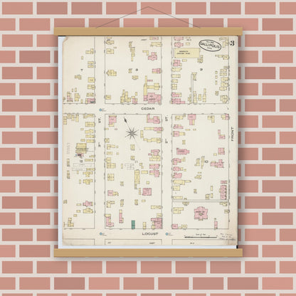 Old map wall art mockup — magnetic wood frame on brick wall — Sanborn Fire Insurance Map from Gallipolis, Gallia County, Ohio (1885), Sheet #0003