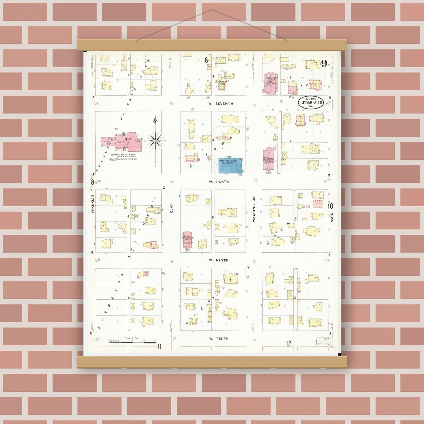 Old map wall art mockup — magnetic wood frame on brick wall — Sanborn Fire Insurance Map from Cedar Falls, Black Hawk County, Iowa (1909), Sheet #0009