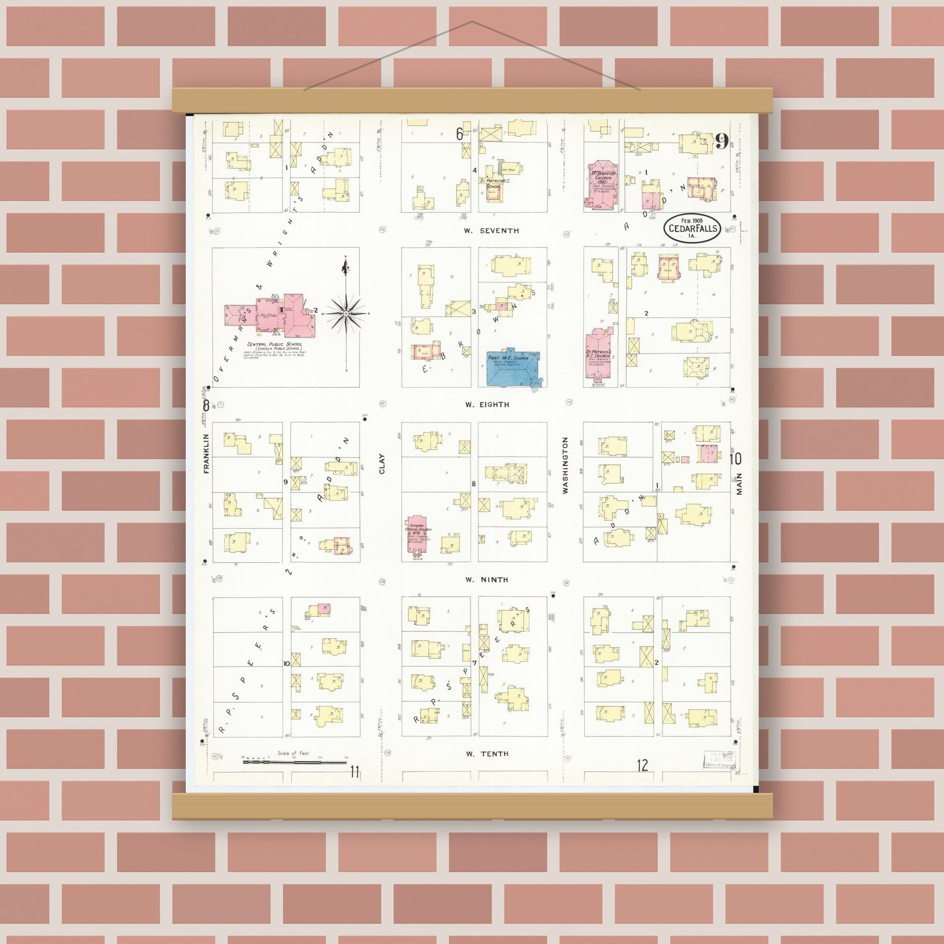 Old map wall art mockup — magnetic wood frame on brick wall — Sanborn Fire Insurance Map from Cedar Falls, Black Hawk County, Iowa (1909), Sheet #0009