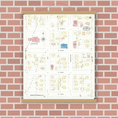 Old map wall art mockup — magnetic wood frame on brick wall — Sanborn Fire Insurance Map from Cedar Falls, Black Hawk County, Iowa (1909), Sheet #0009