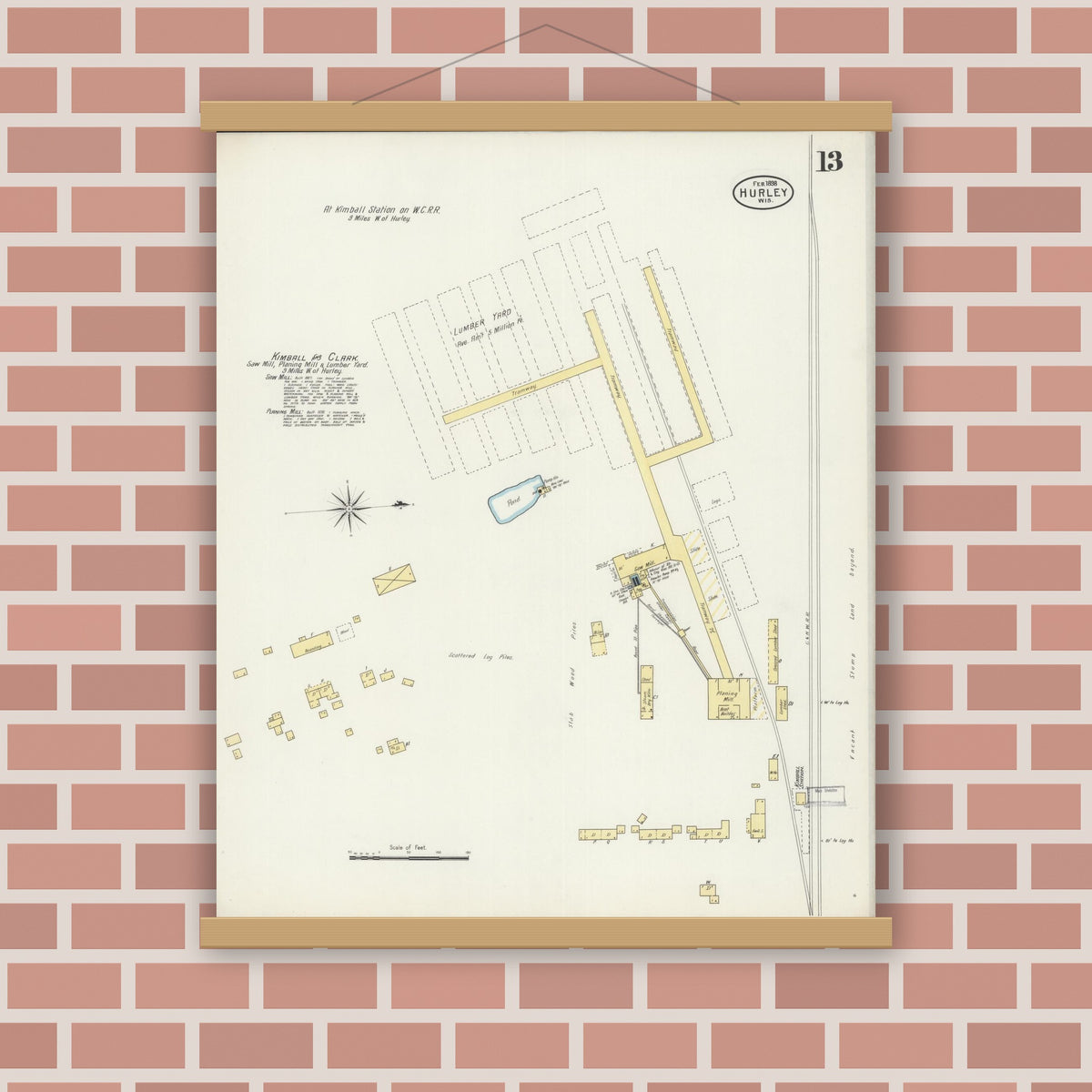 Old map wall art mockup — magnetic wood frame on brick wall — Sanborn Fire Insurance Map from Hurley, Iron County, Wisconsin (1898), Sheet #0013
