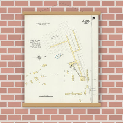 Old map wall art mockup — magnetic wood frame on brick wall — Sanborn Fire Insurance Map from Hurley, Iron County, Wisconsin (1898), Sheet #0013