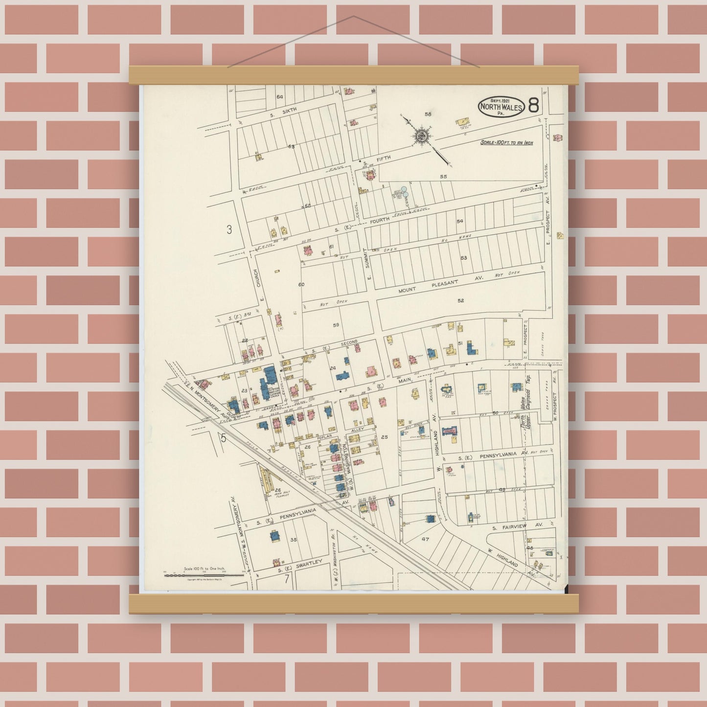 Old map wall art mockup — magnetic wood frame on brick wall — Sanborn Fire Insurance Map from North Wales, Montgomery County, Pennsylvania (1921), Sheet #0008